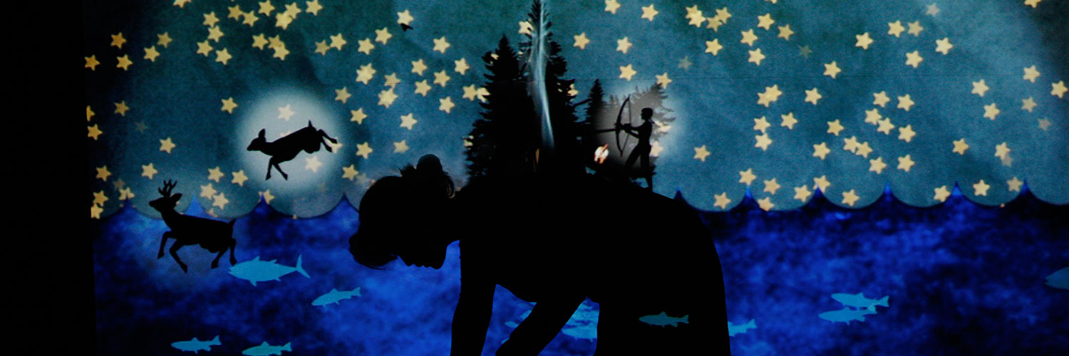 Digital projection of the artist‘s silhouette in a landscape depicting a Native American story of earth's creation