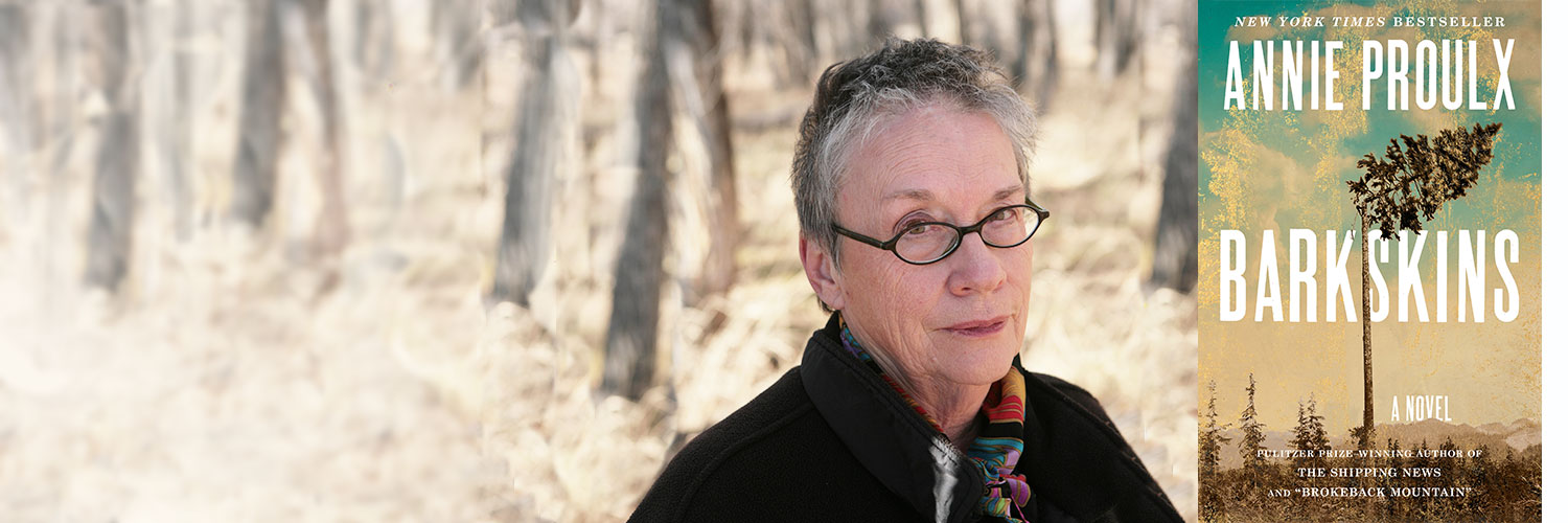 Portrait of Annie Proulx with book jacket